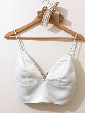 Revolve Superdown Gene White Silky Satin Plunge Neck Camisole Bralette Crop Top